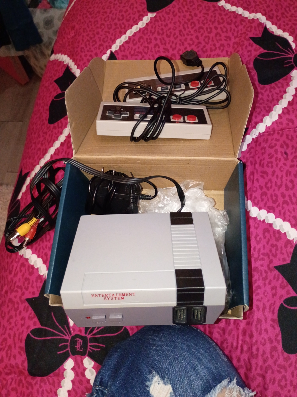 Gray Entertainment System Console with Wired Controllers